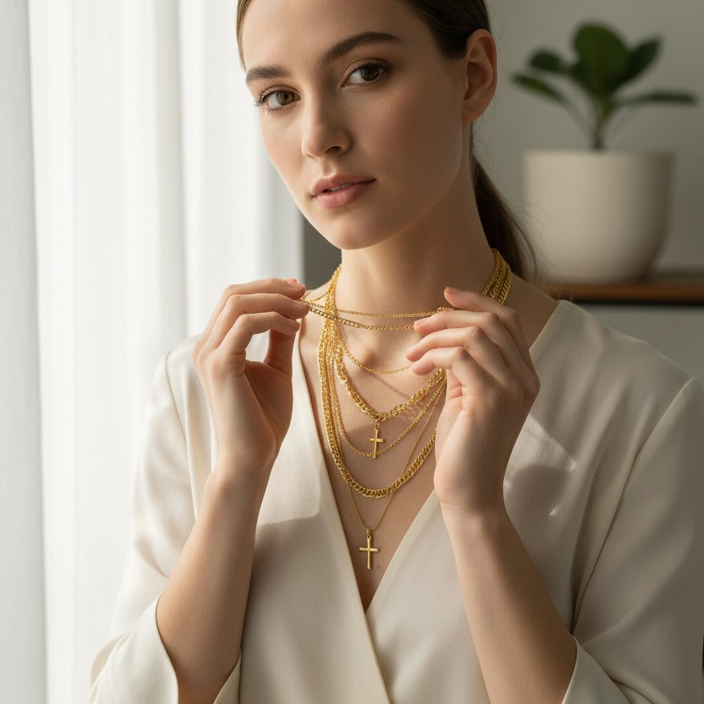 Double Crucifix Layered Jewelry Garb Accessary