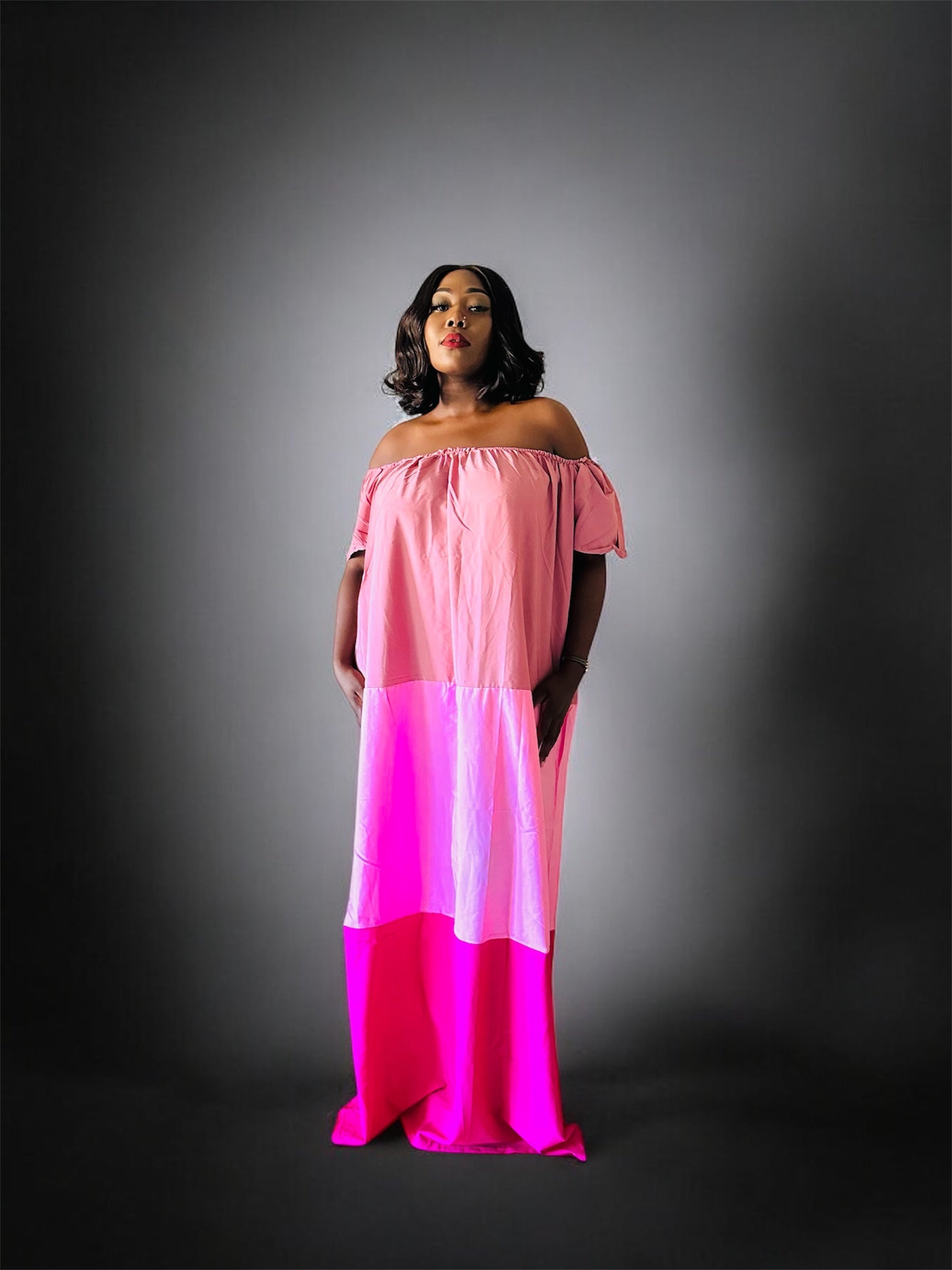 AKBO Off-shoulder Garb Tri Pink Shades Boubou Dress-4