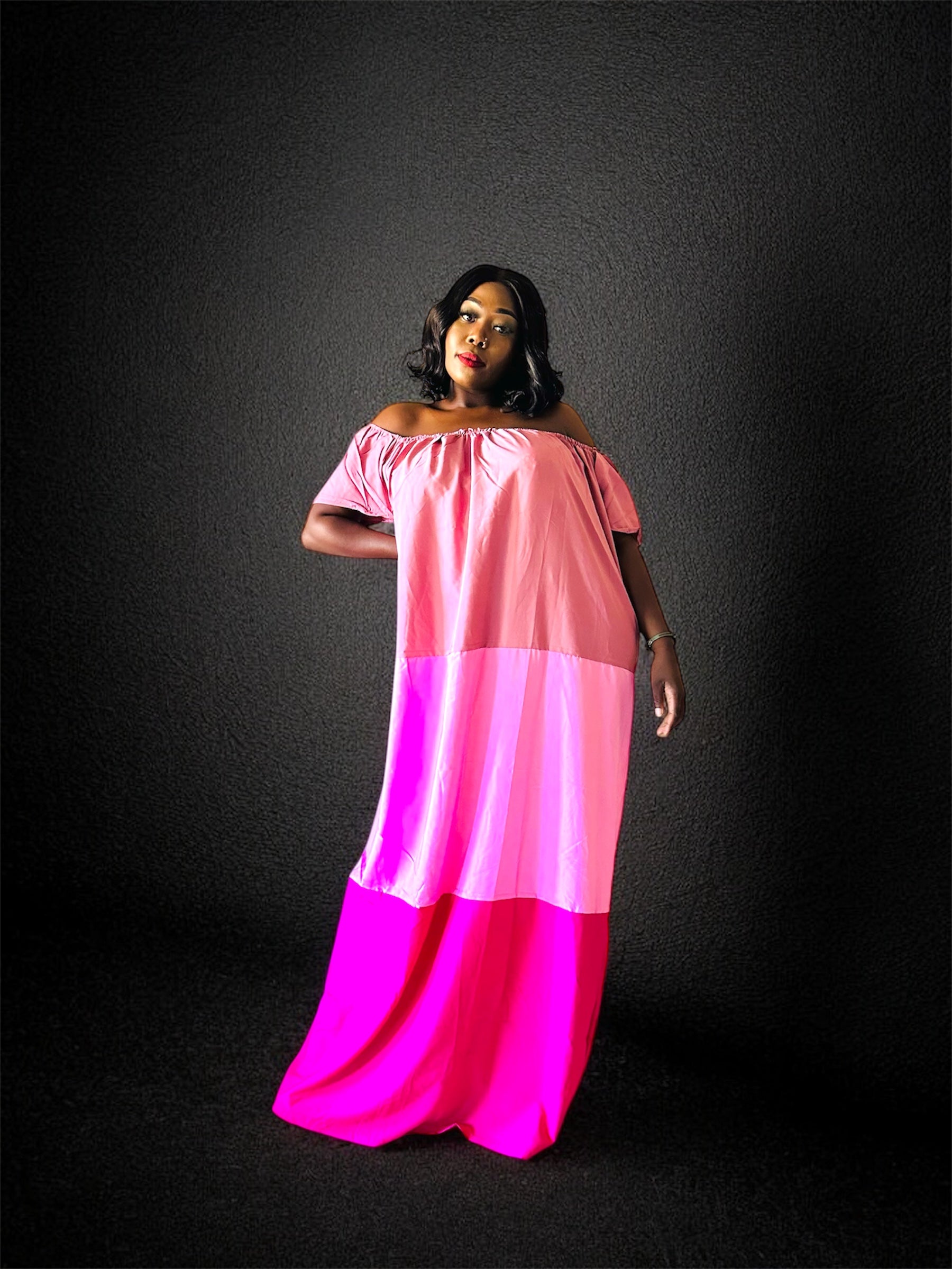 AKBO Off-shoulder Garb Tri Pink Shades Boubou Dress